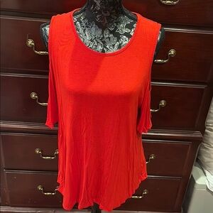 LAST CALL!!  Cool Melon Red Asymmetrical Cold Shoulder Blouse, XL